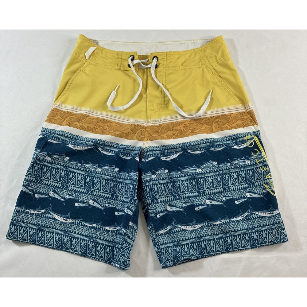 AFTCO Board Shorts Mens 28 Yellow Blue Fish Print Hybrid Performance Board Short